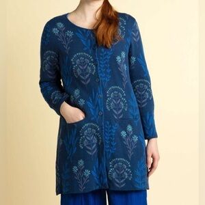 Gudrun Sjoden Blue Floral Button Down Long Cottage Cardigan Size Extra Small